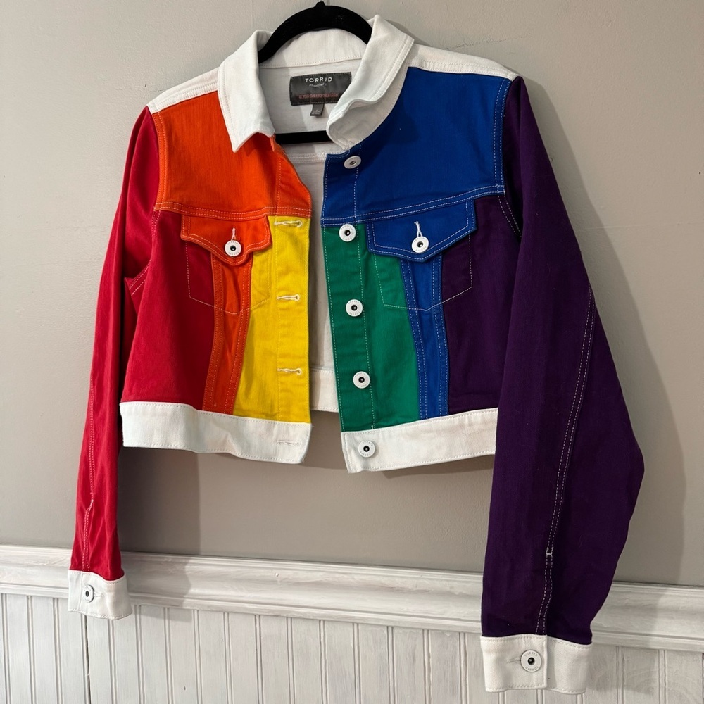 “SOLD” Torrid Always Proud White Denim Jacket Cropped Rainbow Color Block - Picture 2 of 9